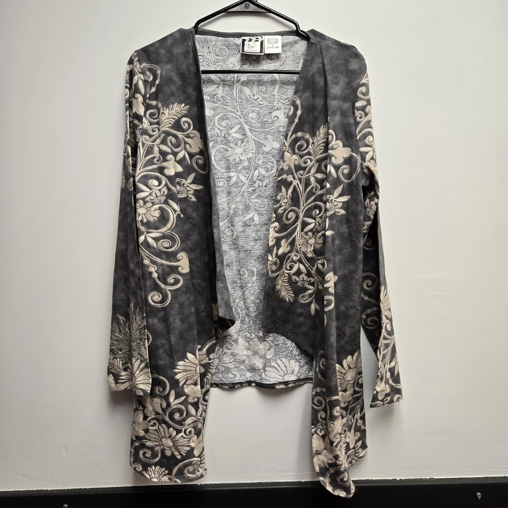 Take Two Cardigan L Gray Beige Floral Cotton Open Front Boho Cottagecore Soft - Picture 2 of 7